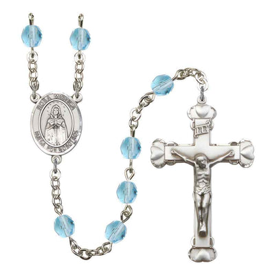 Spanish Rosa Mystica Rosary with Pewter Heart Crucifix and Centerpiece, Birthstone 6mm Fire Polished Aqua Beads for March