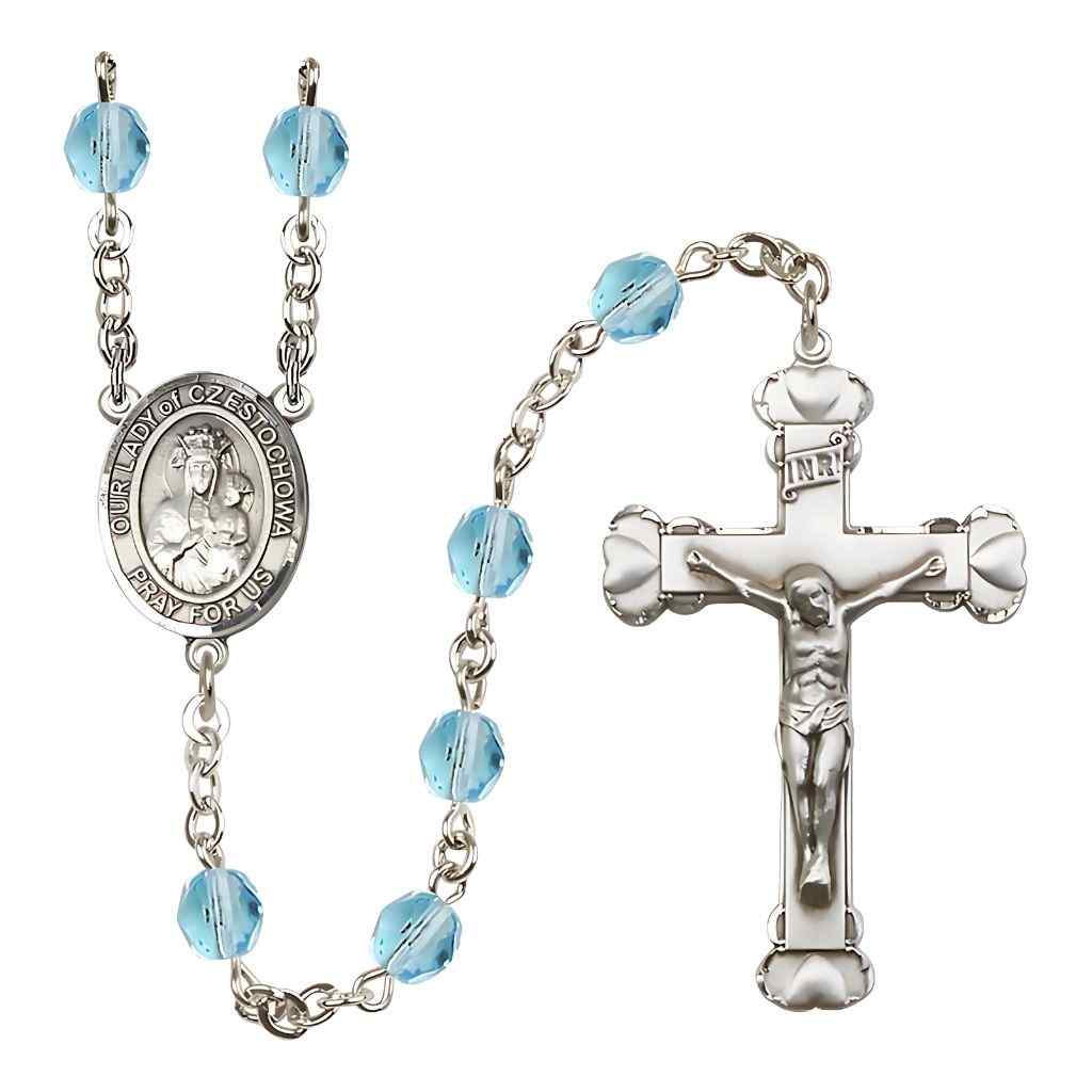 Our Lady of Czestochowa Rosary with Pewter Heart Tip Crucifix and Centerpiece, Birthstone 6mm Fire Polished Aqua Beads for March