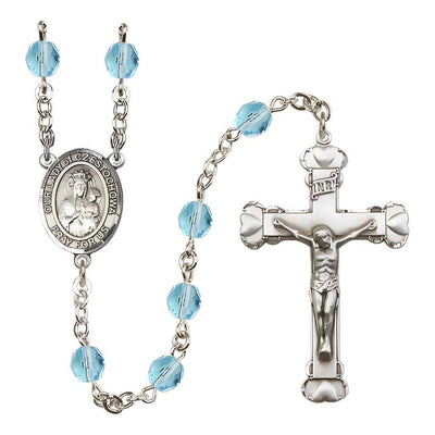 Our Lady of Czestochowa Rosary with Pewter Heart Tip Crucifix and Centerpiece, Birthstone 6mm Fire Polished Aqua Beads for March