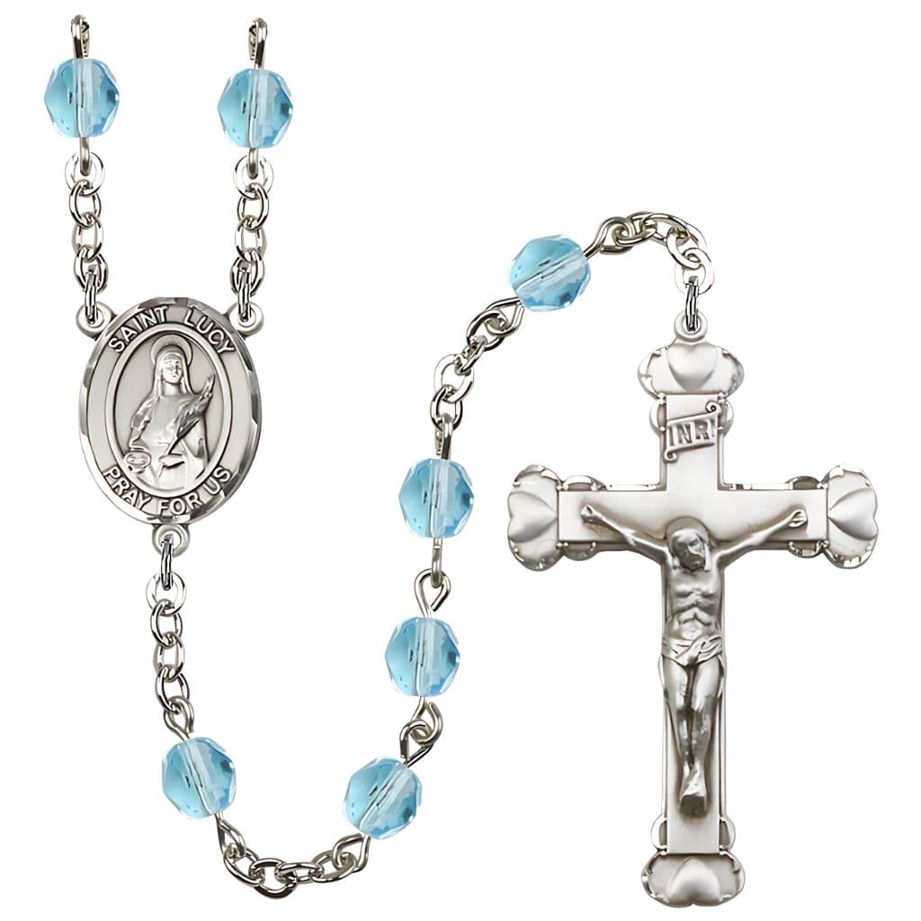 St. Lucy Silver-Plated Aqua Crystal Birthstone Heart Rosary,
