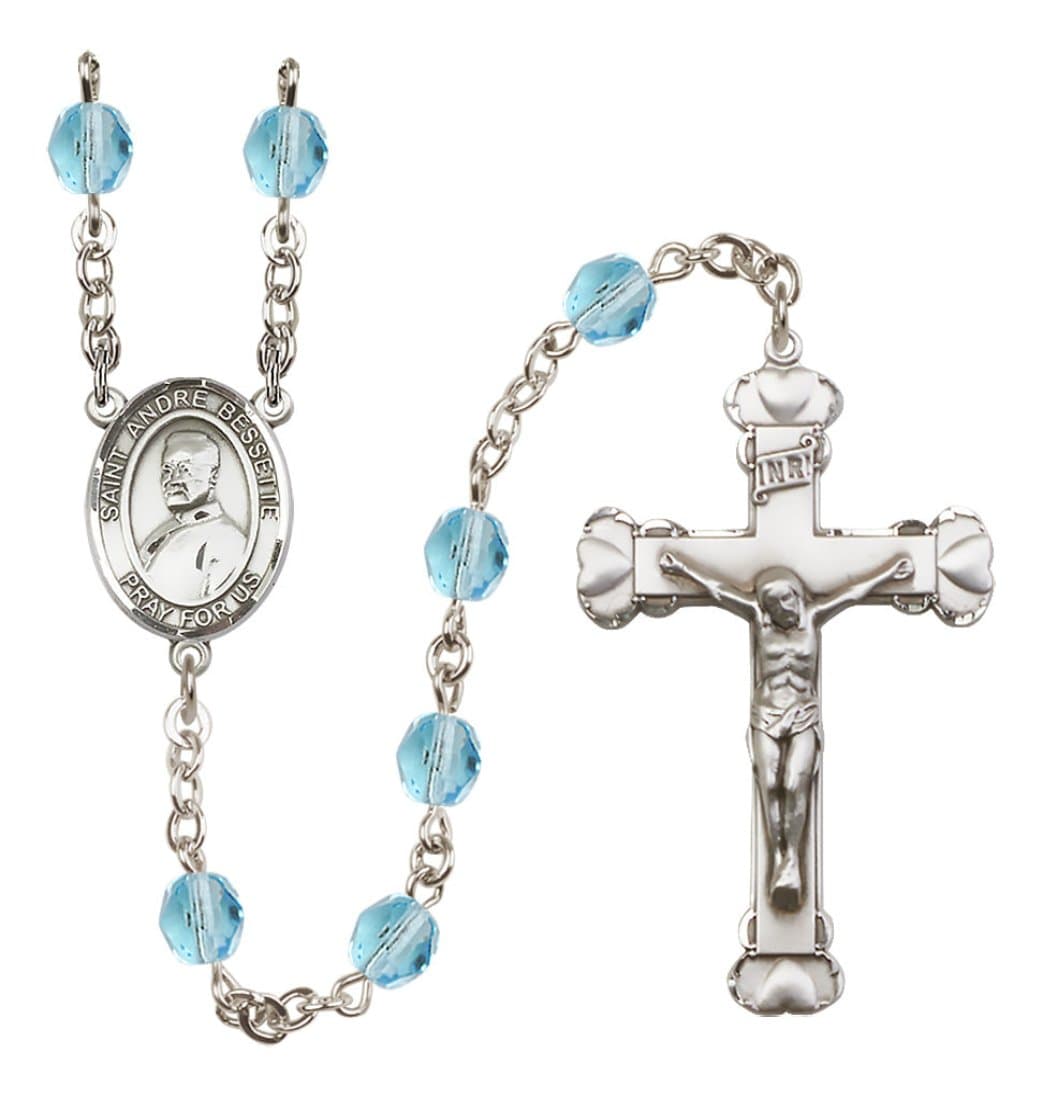 Bliss Silver-Plated Aqua Crystal St Andre Bessette Birthstone Heart Rosary,