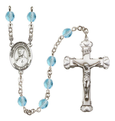 St. Andre Bessette Rosary with Pewter Heart Crucifix and Centerpiece, Birthstone 6mm Fire Polished Aqua Beads for March, Bliss Manufacturing