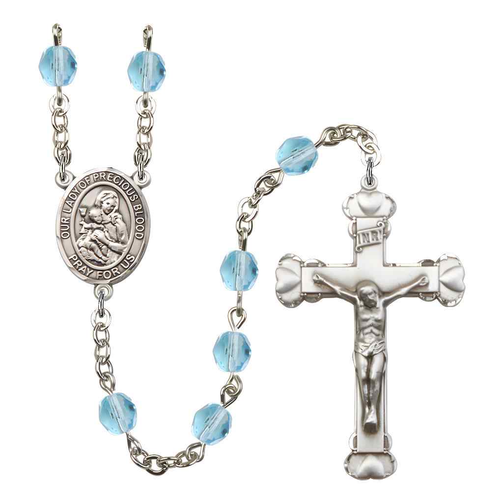 Our Lady of the Precious Blood Rosary with Pewter Heart Crucifix and Centerpiece, Birthstone 6mm Fire Polished Aqua Beads for March