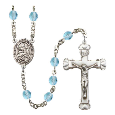 Our Lady of the Precious Blood Rosary with Pewter Heart Crucifix and Centerpiece, Birthstone 6mm Fire Polished Aqua Beads for March