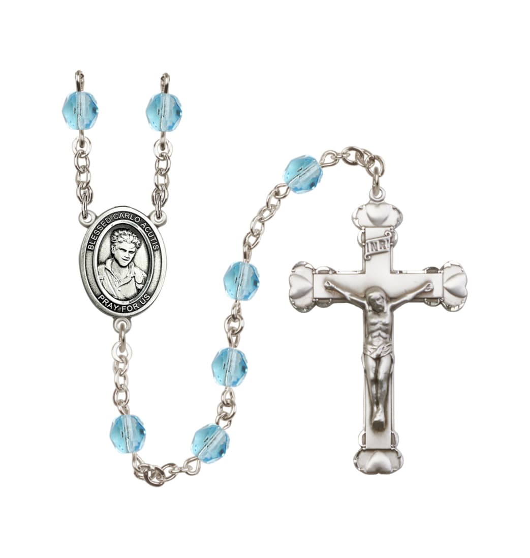 Bliss Silver-Plated Aqua/March Crystal Blessed Carlo Acutis Birthstone Heart Rosary,