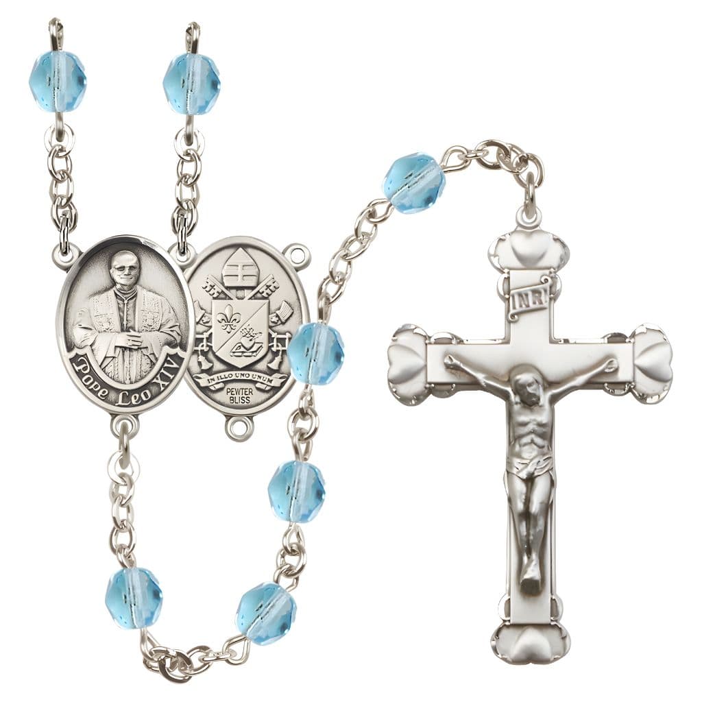 Bliss Pope Leo XIV Birthstone Engravable Rosary with Pewter Center and Heart  Edge Crucifix, 6mm Fire Polished Beads in Aqua for March