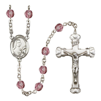 St. Therese of Lisieux Birthstone 6mm Amethyst Fire Polished Rosary with Pewter Crucifix and Centerpiece, Bliss Manufacturing