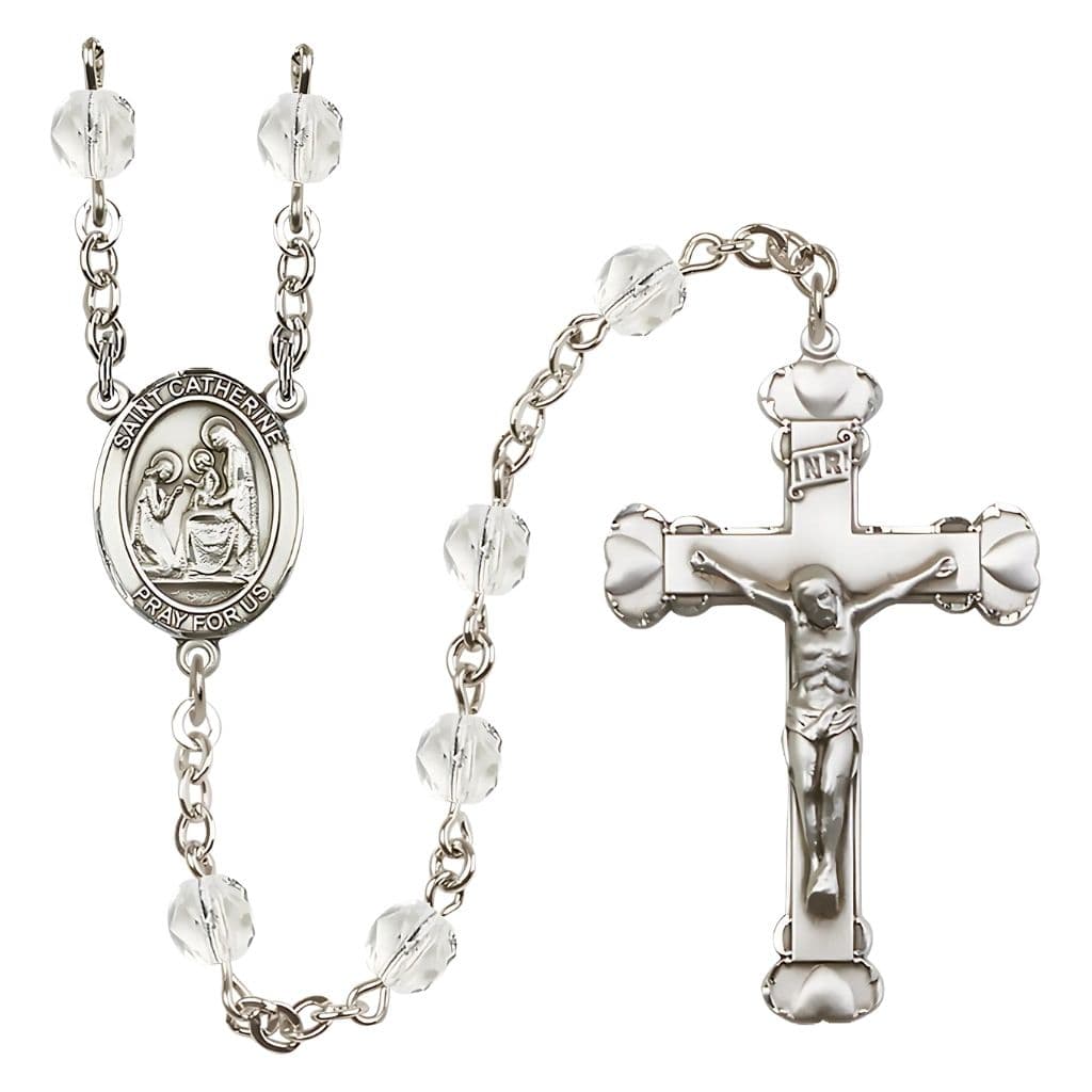 St. Catherine of Siena Rosary with Pewter Heart Crucifix and Centerpiece, Birthstone 6mm Fire Polished Clear Crystal Beads for April, Bliss Manufacturing