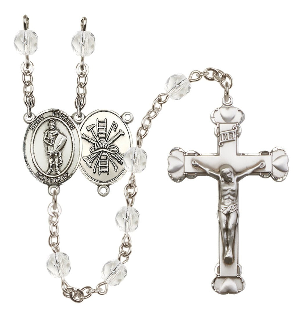 Bliss St Florian Firefighter Birthstone Crystal Silver-plated Heart Tip Rosary in Crystal April Birthstone,