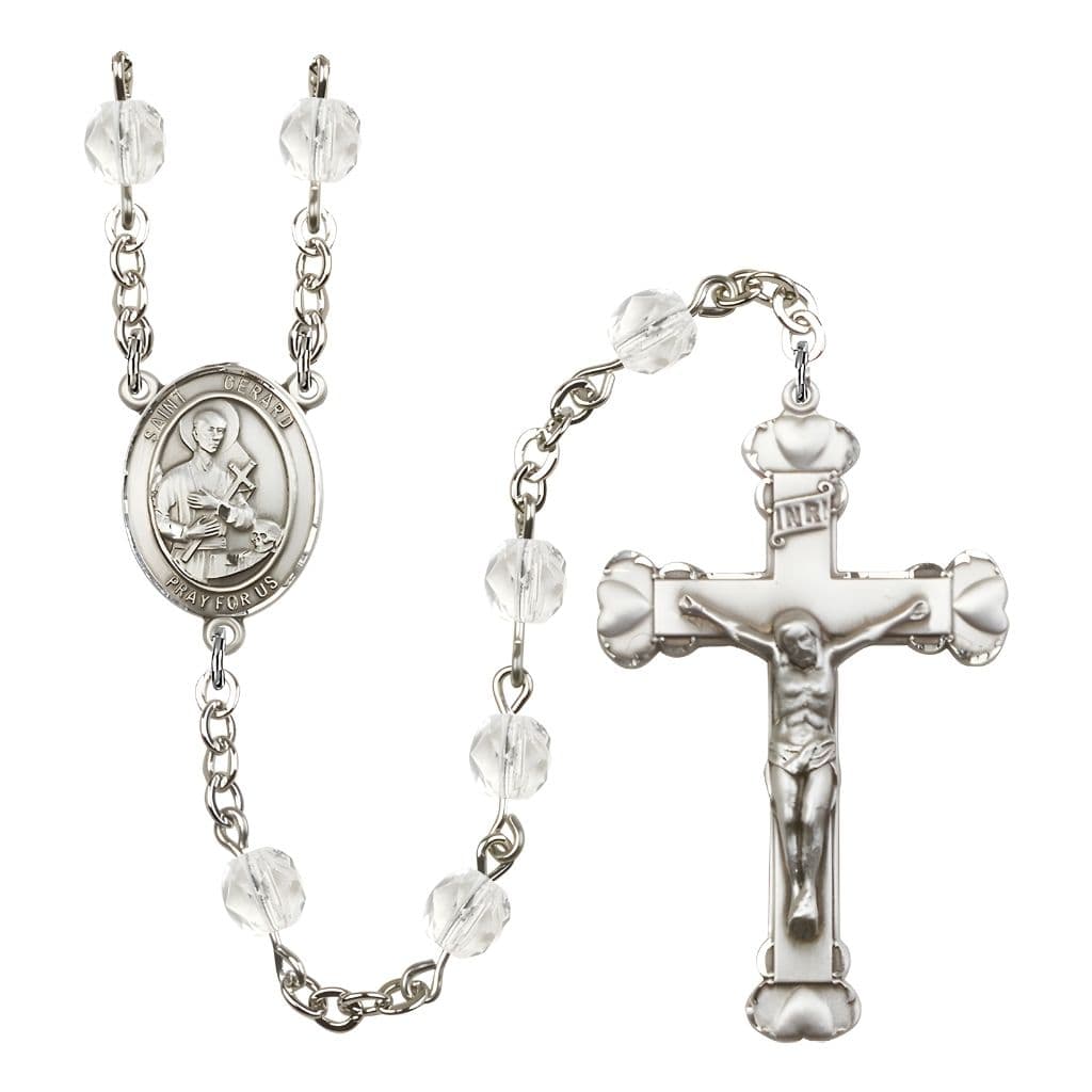 Bliss St. Gerard Majella Engravable Rosary with Pewter Crucifix Heart and Centerpiece, Birthstone 6mm Fire Polished Clear Crystal Beads for April