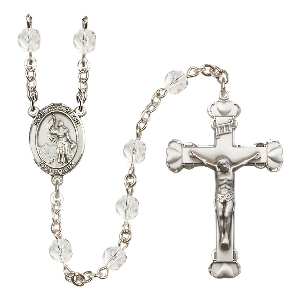 Bliss St. Joan of Arc Rosary with Pewter Heart Crucifix and Centerpiece, Birthstone 6mm Fire Polished Clear Crystal Beads for April
