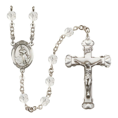 St. Joan of Arc Rosary with Pewter Heart Crucifix and Centerpiece, Birthstone 6mm Fire Polished Clear Crystal Beads for April, Bliss Manufacturing