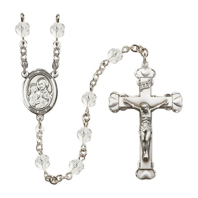 St. Joseph Rosary with Pewter Heart Crucifix and Centerpiece, Birthstone 6mm Fire Polished Clear Crystal Beads for April
