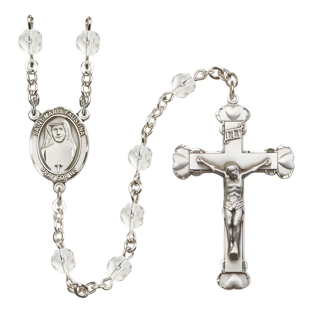 Bliss St. Maria Faustina Birthstone Engravable Heart Edge Rosary with Fire Polished Clear Beads,