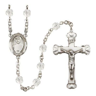 St. Maria Faustina Birthstone Engravable Heart Edge Rosary with Fire Polished Clear Beads in Crystal, Bliss Manufacturing