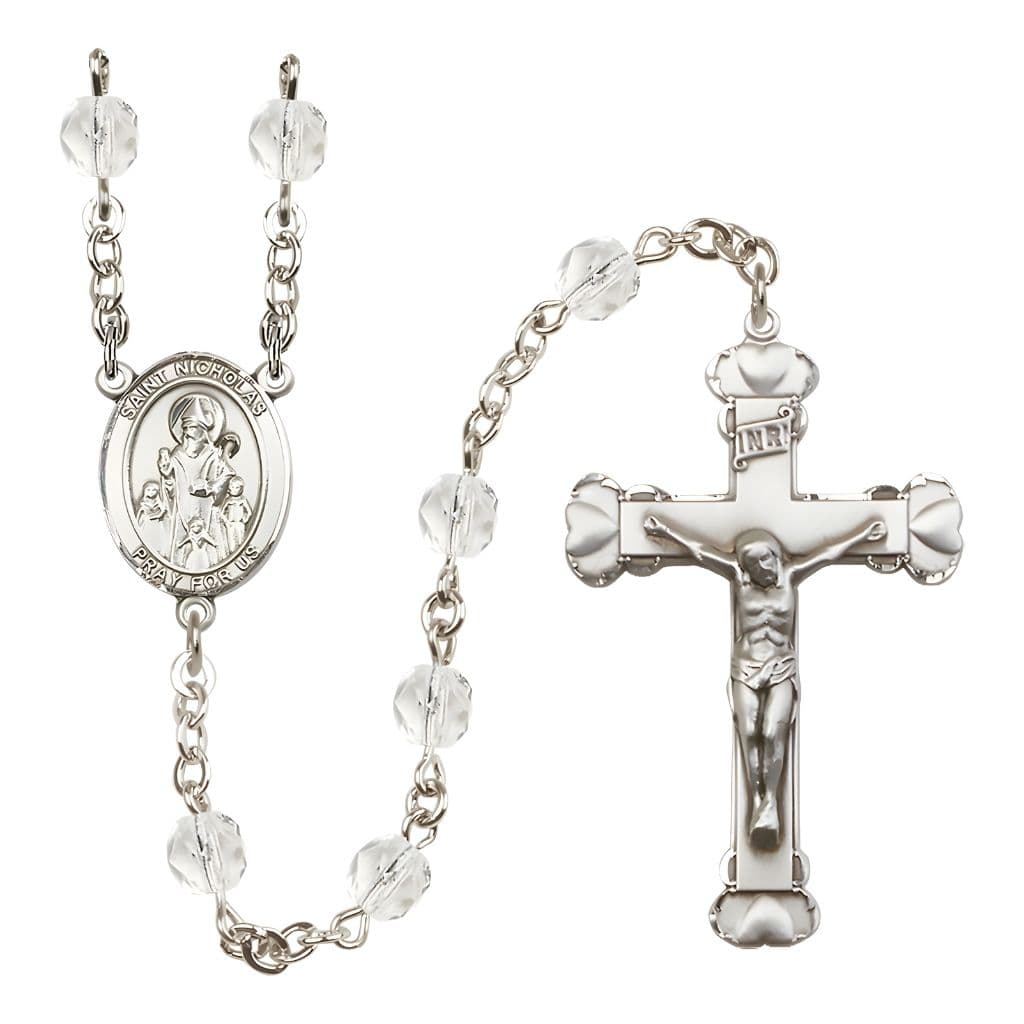 Bliss St. Nicholas Engravable Rosary with Pewter Centerpiece and Heart Crucifix, April Birthstone 6mm Clear Fire Polish Beads