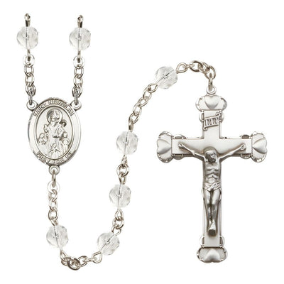 St. Nicholas Engravable Rosary with Pewter Centerpiece and Heart Crucifix, April Birthstone 6mm Clear Fire Polish Beads in Crystal, Bliss Manufacturing