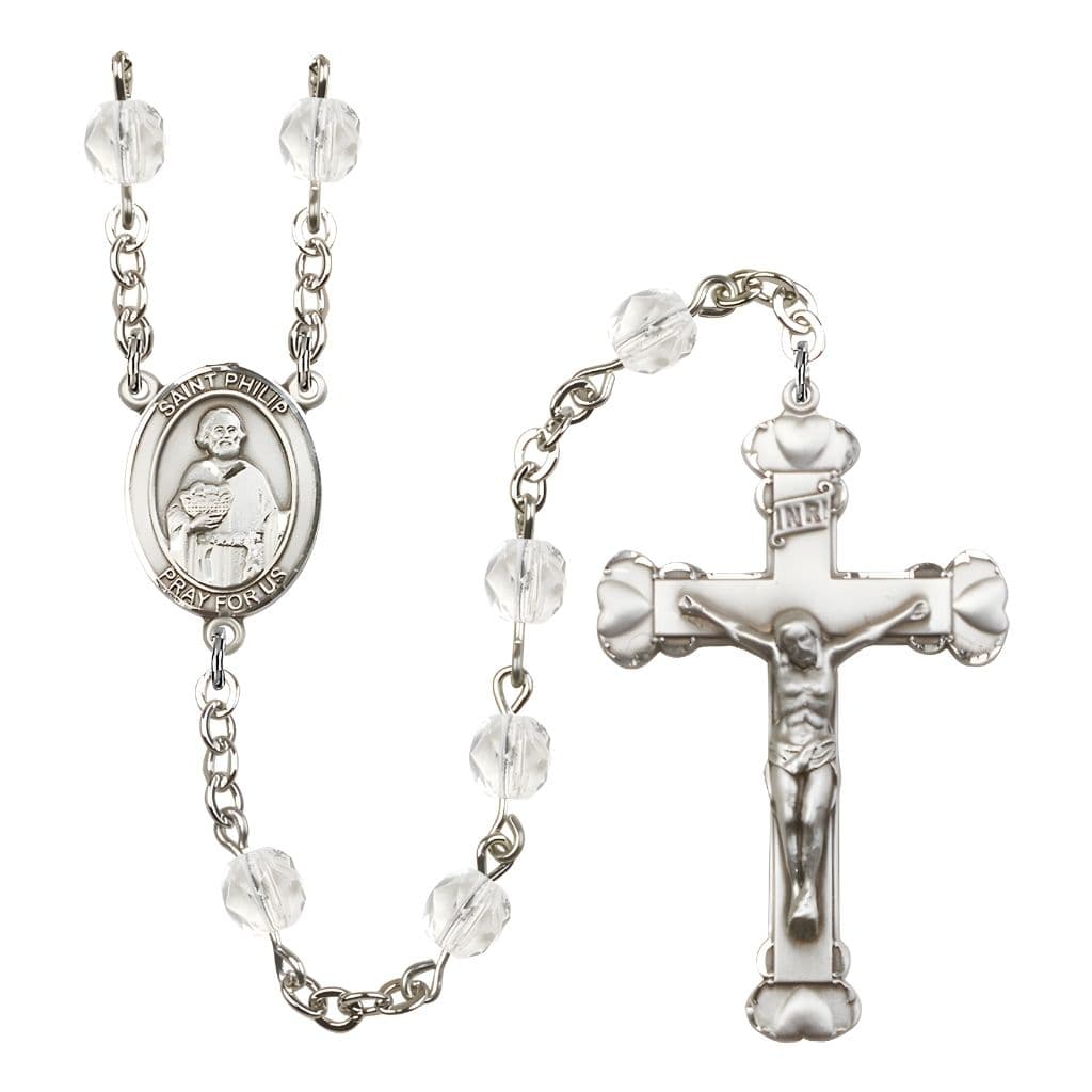 Bliss St. Philip the Apostle Rosary with Pewter Heart Crucifix and Centerpiece, Birthstone 6mm Fire Polished Clear Crystal Beads for April
