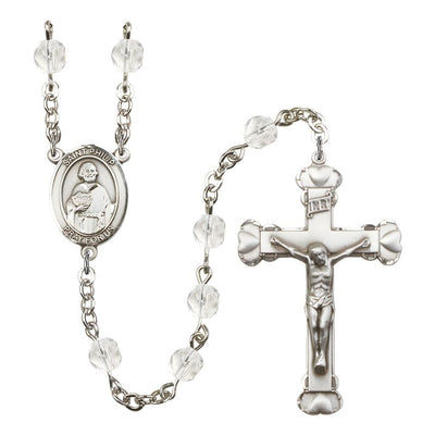 St. Philip the Apostle Rosary with Pewter Heart Crucifix and Centerpiece, Birthstone 6mm Fire Polished Clear Crystal Beads for April, Bliss Manufacturing