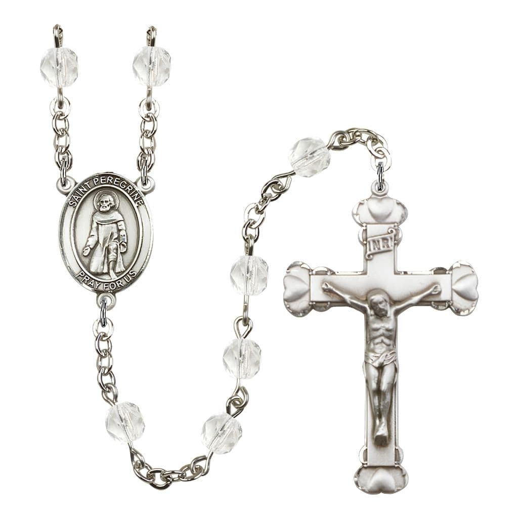 Bliss St. Peregrine Laziosi Rosary with Pewter Heart Crucifix and Centerpiece, Birthstone 6mm Fire Polished Clear Crystal Beads for April