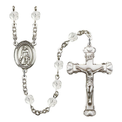 St. Peregrine Laziosi Rosary with Pewter Heart Crucifix and Centerpiece, Birthstone 6mm Fire Polished Clear Crystal Beads for April, Bliss Manufacturing