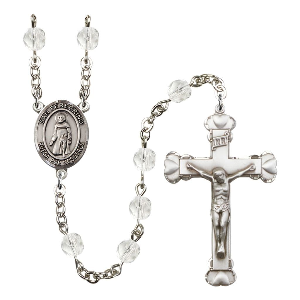 Bliss Spanish San Peregrino Rosary with Pewter Heart Crucifix and Centerpiece, Birthstone 6mm Fire Polished Clear Crystal Beads for April