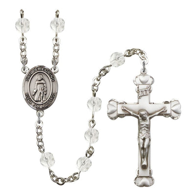 Spanish San Peregrino Rosary with Pewter Heart Crucifix and Centerpiece, Birthstone 6mm Fire Polished Clear Crystal Beads for April, Bliss Manufacturing