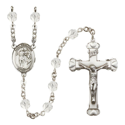 St. Sebastian Rosary with Pewter Heart Crucifix and Centerpiece, Birthstone 6mm Fire Polished Clear Crystal Beads for April, Bliss Manufacturing