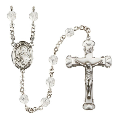Birthstone 6mm Clear Fire Polished Silver-plated Engravable Rosary with Pewter St. Theresa Center and Heart Edge Crucifix in Crystal, Bliss Manufacturing