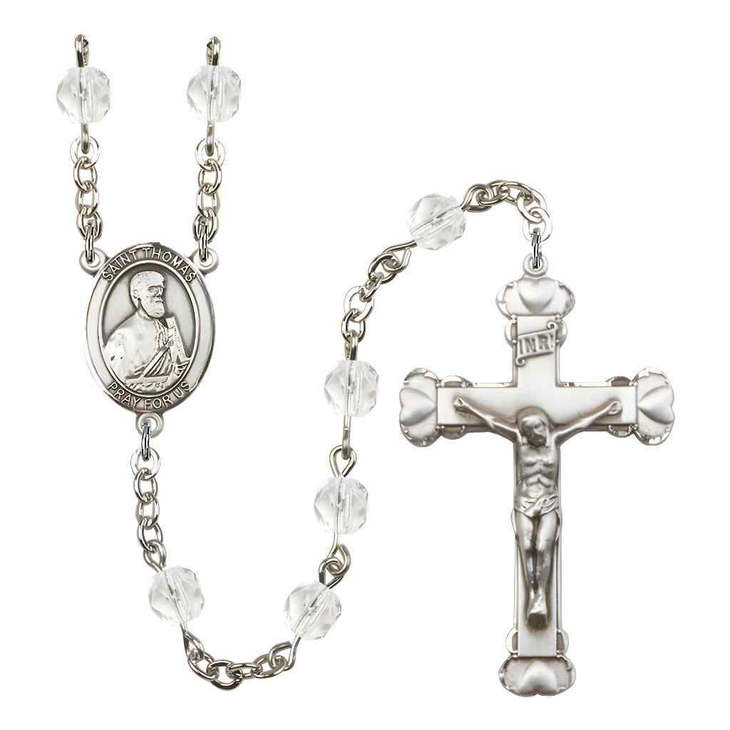 St. Thomas the Apostle Rosary with Pewter Heart Crucifix and Centerpiece, Birthstone 6mm Fire Polished Clear Crystal Beads for April