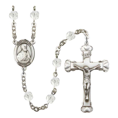 St. Thomas the Apostle Rosary with Pewter Heart Crucifix and Centerpiece, Birthstone 6mm Fire Polished Clear Crystal Beads for April