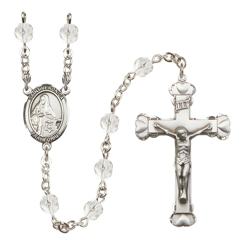 Bliss St. Veronica Rosary with Pewter Heart Crucifix and Centerpiece, Birthstone 6mm Fire Polished Clear Crystal Beads for April