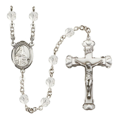 St. Veronica Rosary with Pewter Heart Crucifix and Centerpiece, Birthstone 6mm Fire Polished Clear Crystal Beads for April, Bliss Manufacturing