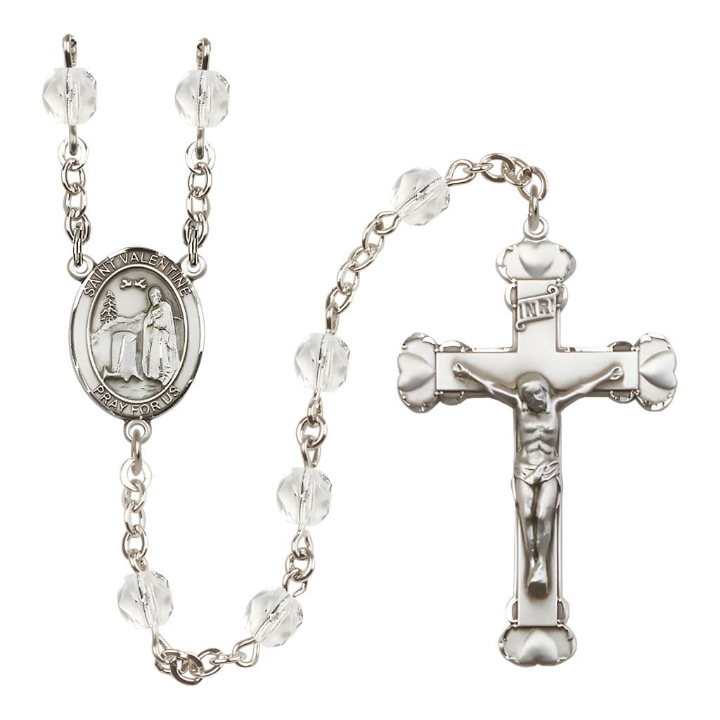 Bliss St. Valentine of Rome Rosary with Pewter Heart Crucifix and Centerpiece, Birthstone 6mm Fire Polished Clear Crystal Beads for April