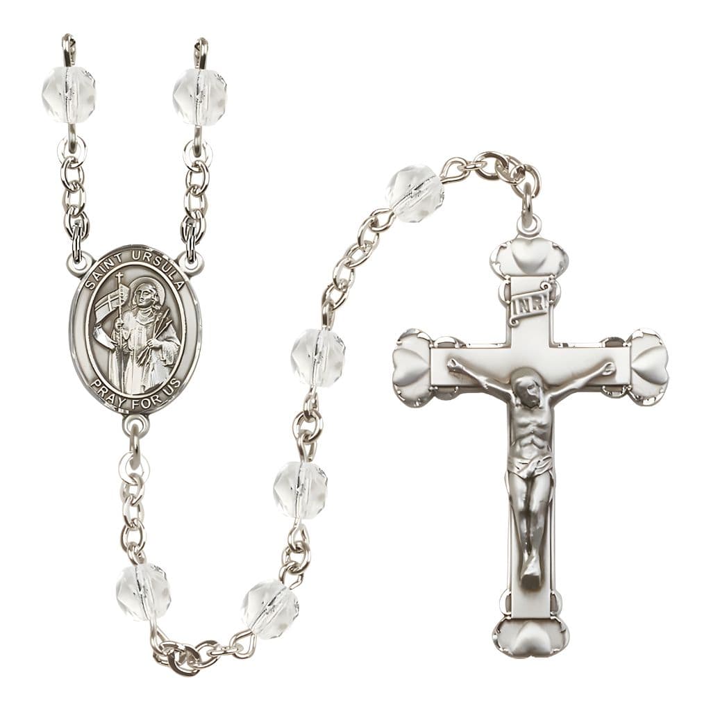 Bliss St. Ursula Rosary with Pewter Heart Crucifix and Centerpiece, Birthstone 6mm Fire Polished Clear Crystal Beads for April