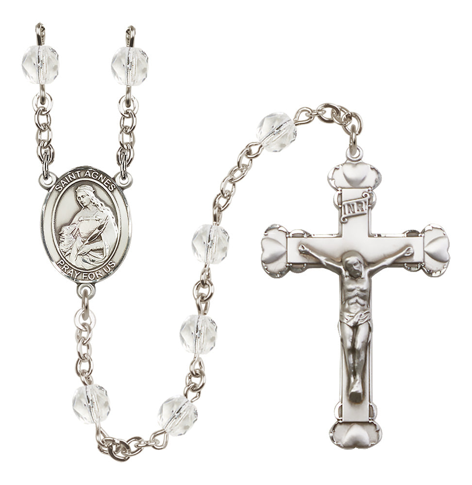 Bliss Silver-Plated Crystal St Agnes of Rome Birthstone Heart Rosary in Crystal,