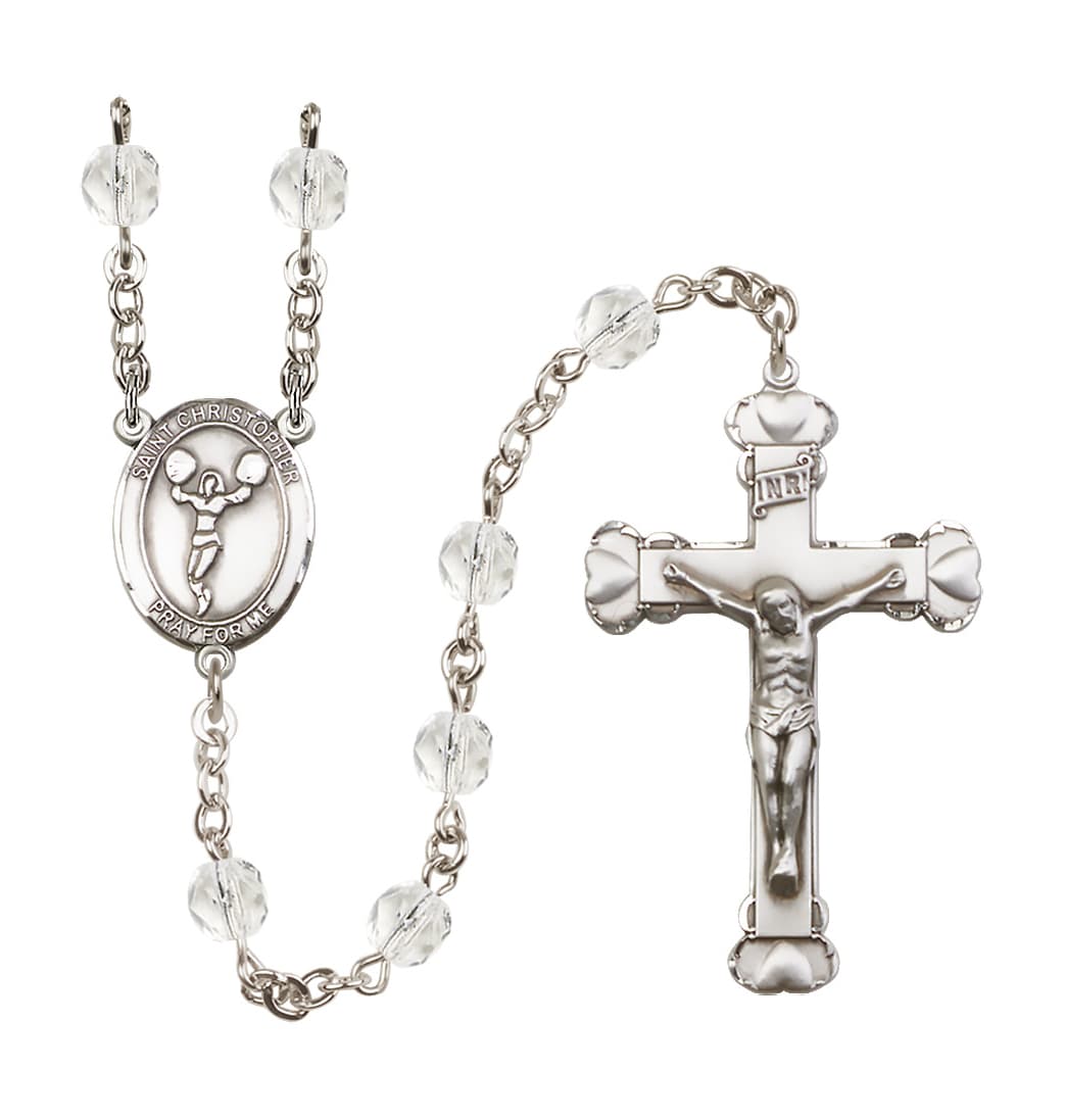 Bliss St Christopher Cheerleading April/Crystal 6mm Fire Polished Heart Rosary