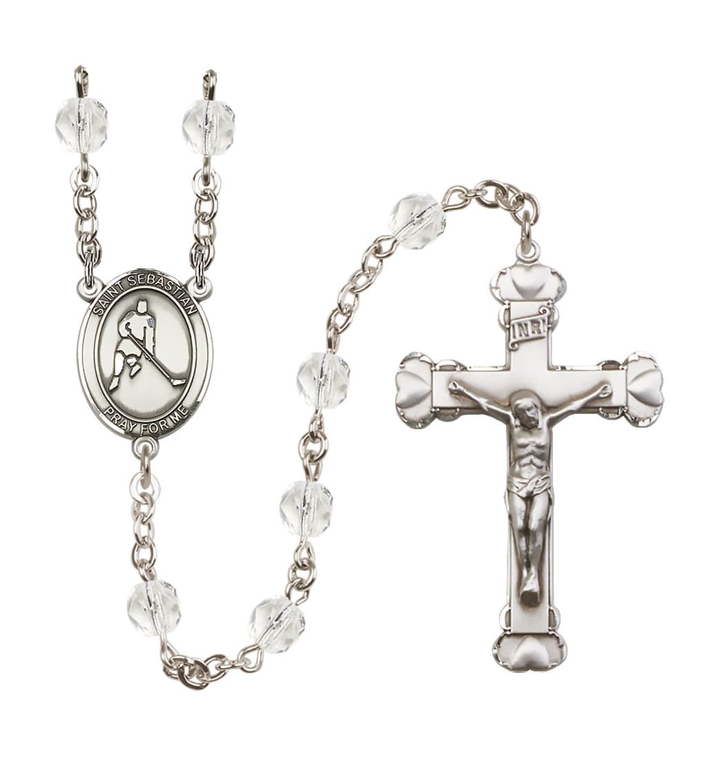 Bliss April Crystal Heart St Sebastian Ice Hockey 6mm Fire Polished Rosary,