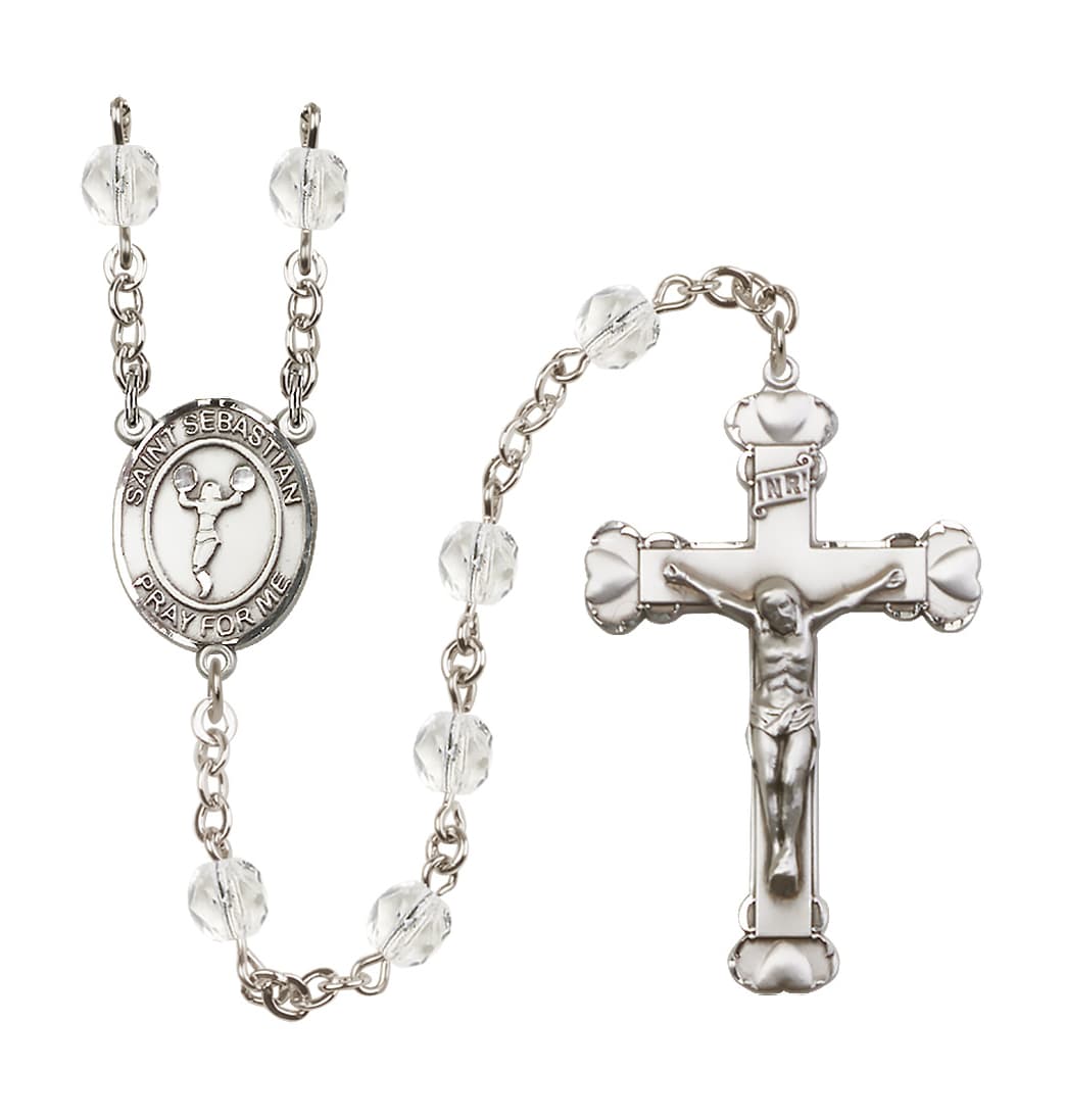 Bliss April Crystal St Sebastian Cheerleading 6mm Fire Polished Heart Crucifix Rosary,