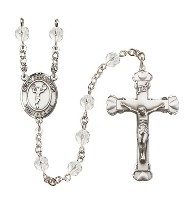 April Crystal St Sebastian Cheerleading 6mm Fire Polished Heart Crucifix Rosary, Bliss Manufacturing