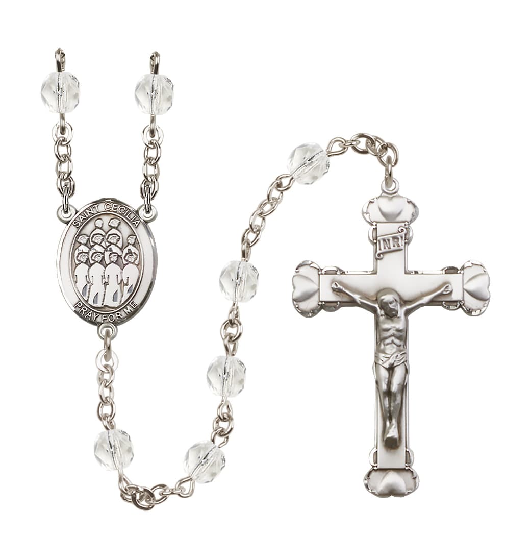 Bliss St Cecilia Choir 6mm Fire Polished Heart Tip Rosary in crystal for April,