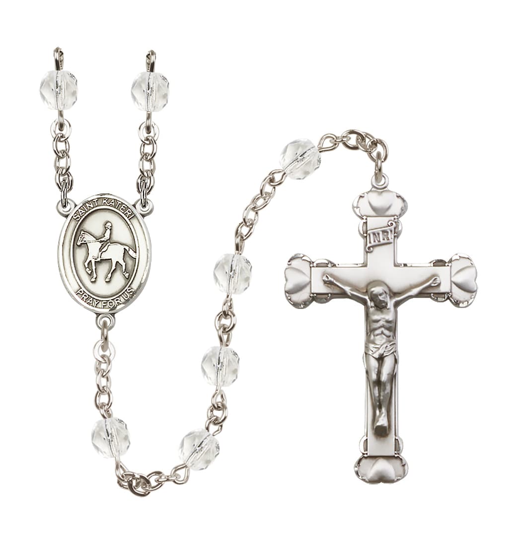 Bliss Birthstone Heart St Kateri Equestrian Crystal/April 6mm Fire Polished Rosary,