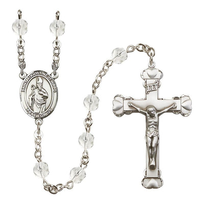 St. Augustine of Hippo Engravable Fire Polished Birthstone Heart Rosary in Clear in Crystal, Bliss Manufacturing
