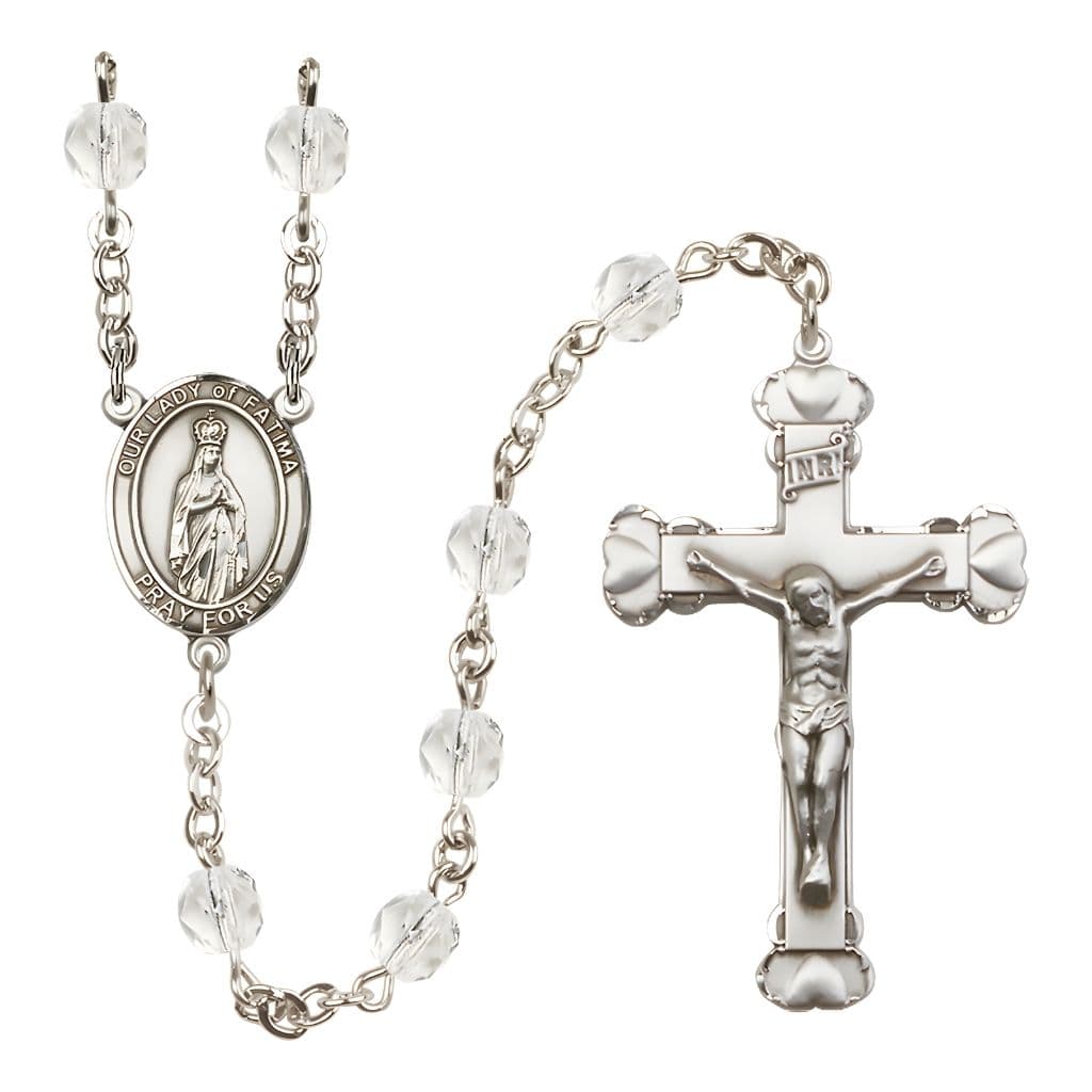 Bliss Our Lady of Fatimas Rosary with Pewter Heart Crucifix and Centerpiece, Birthstone 6mm Fire Polished Clear Crystal Beads for April