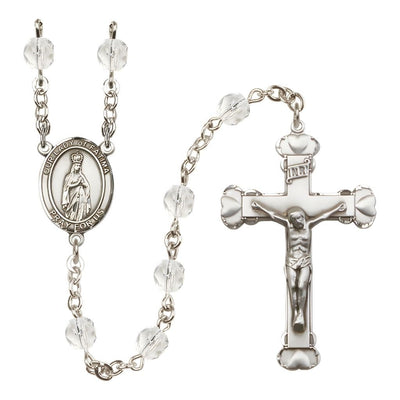 Our Lady of Fatimas Rosary with Pewter Heart Crucifix and Centerpiece, Birthstone 6mm Fire Polished Clear Crystal Beads for April, Bliss Manufacturing