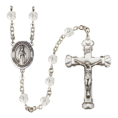 Spanish Virgen de Fatimas Rosary with Pewter Heart Crucifix and Centerpiece, Birthstone 6mm Fire Polished Clear Crystal Beads for April, Bliss Manufacturing