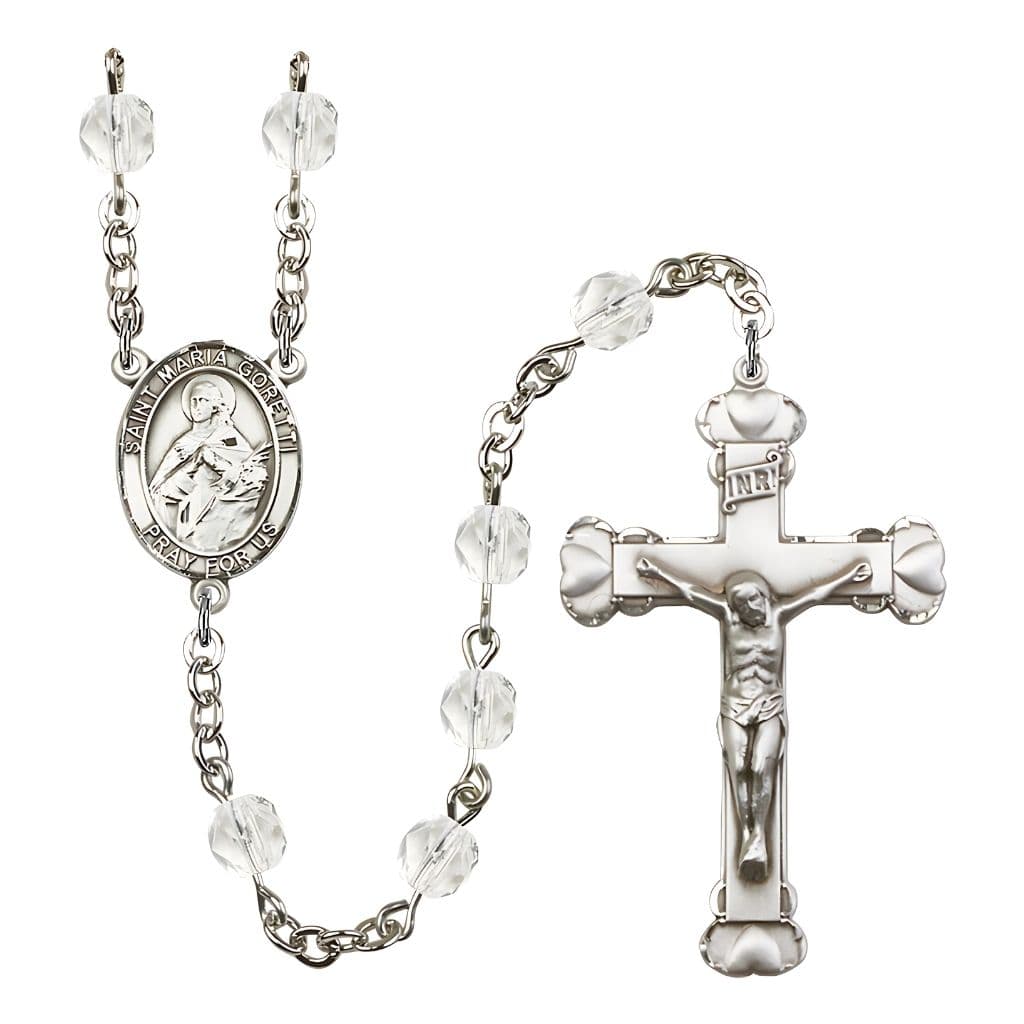 Bliss St. Maria Goretti Engraved Birthstone Fire Polished Rosary in Clear,