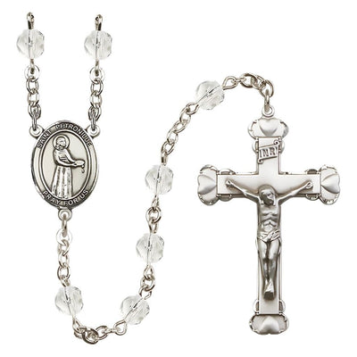 St. Petronille Rosary with Pewter Heart Crucifix and Centerpiece, Birthstone 6mm Fire Polished Clear Crystal Beads for April, Bliss Manufacturing