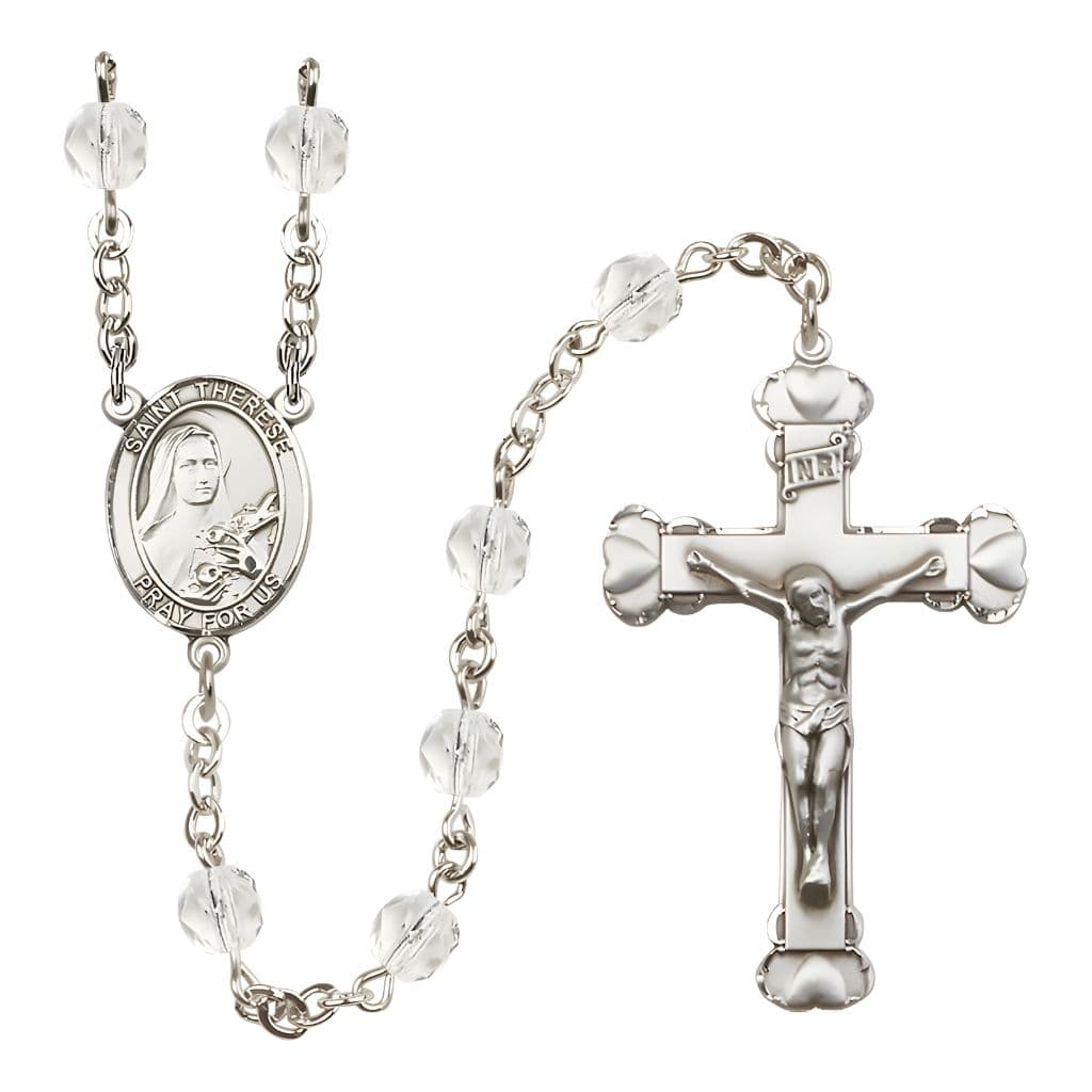 Bliss St. Therese of Lisieux Birthstone 6mm Clear Fire Polished Rosary with Pewter Crucifix and Centerpiece