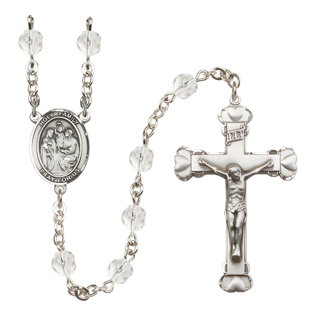 Bliss Holy Family Engravable Rosary with Pewter Heart Crucifix and Centerpiece, Birthstone 6mm Fire Polished Clear Crystal Beads for April